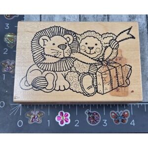 Azadi Earles Lion Lamb Opening Gift Present Stitch Rubber Stamp Wood #V12